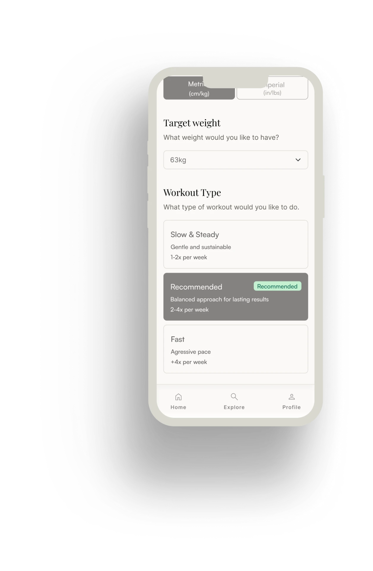 maca settings screen with target weight and workout type options