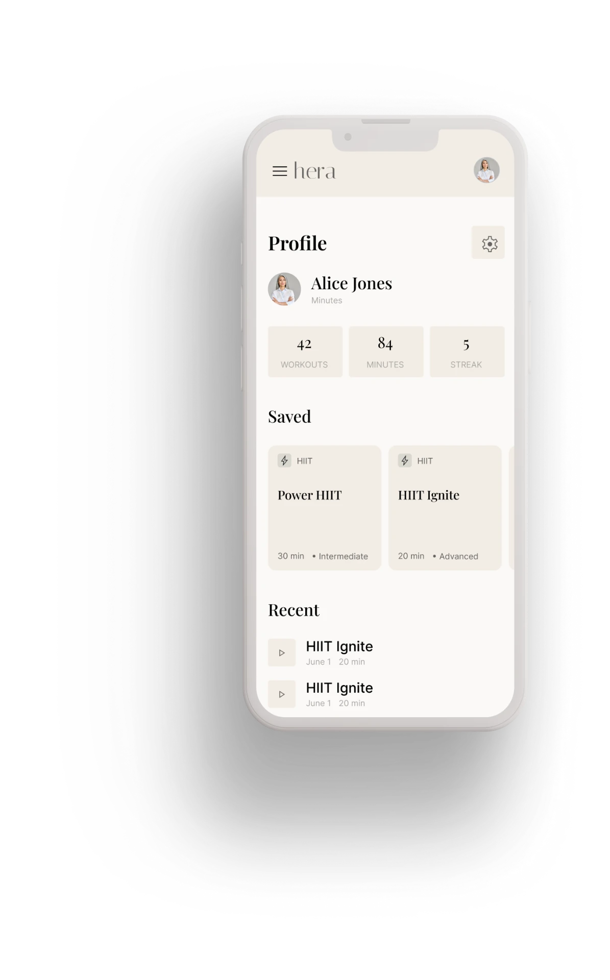 maca profile screen showing saved and recent workouts