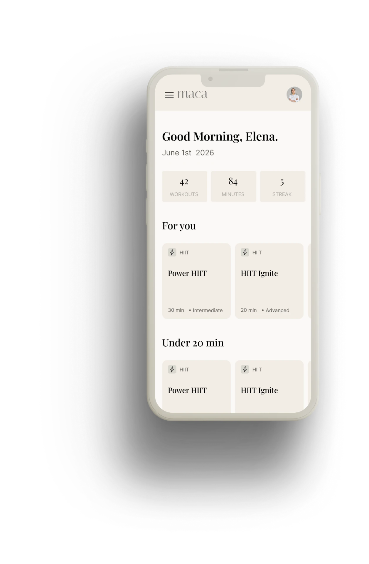 maca fitness app home screen on an iPhone