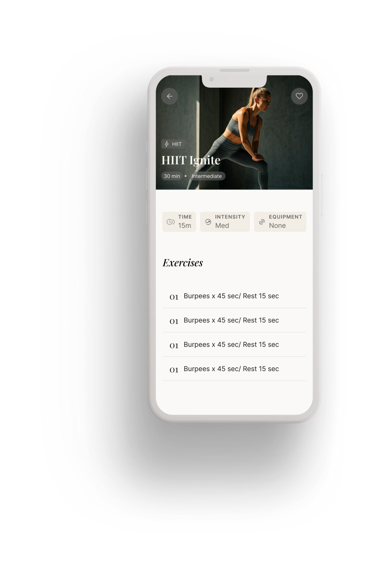 maca workout detail screen with timed exercise list