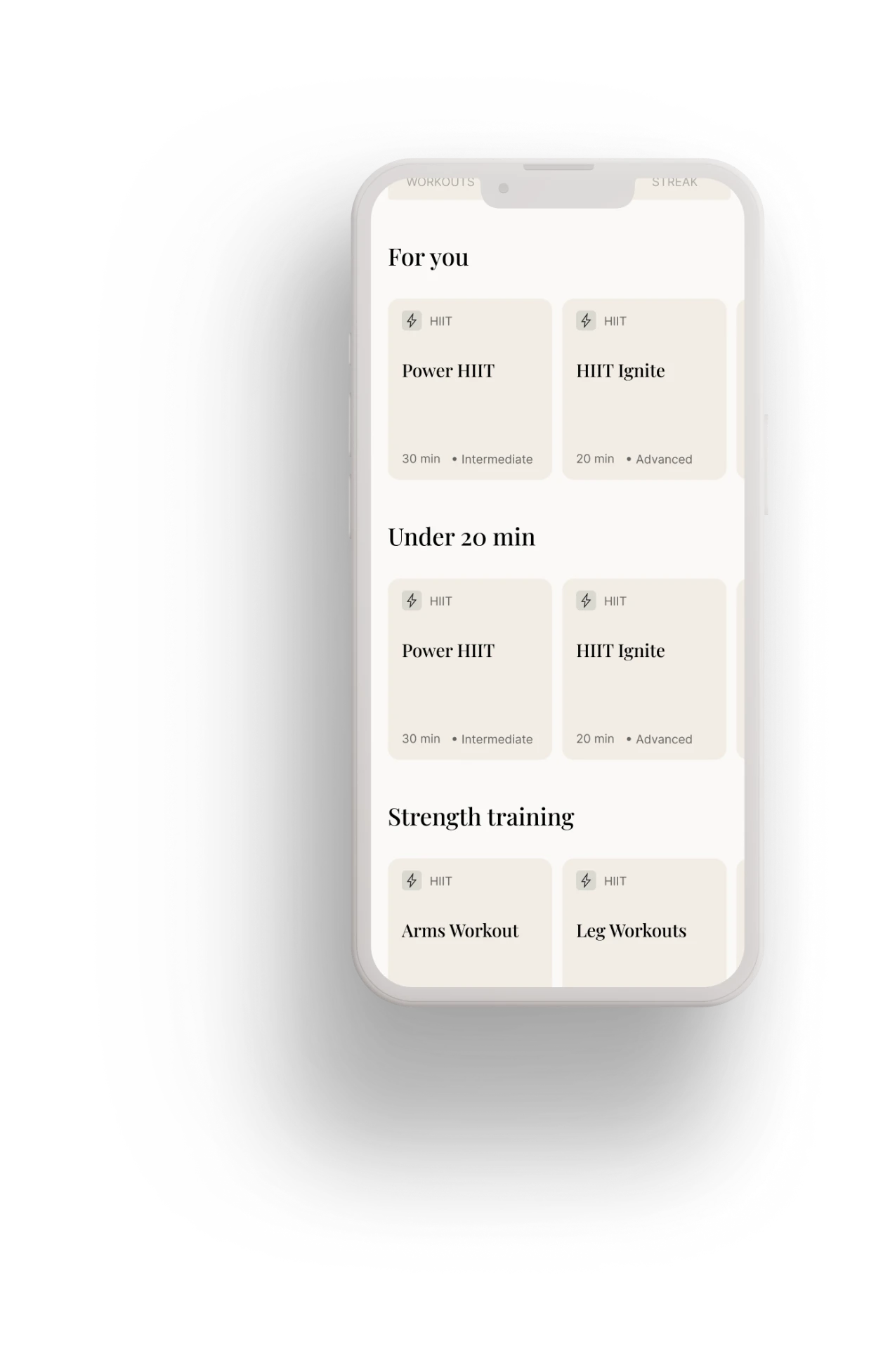 maca workout library screen with curated rows
